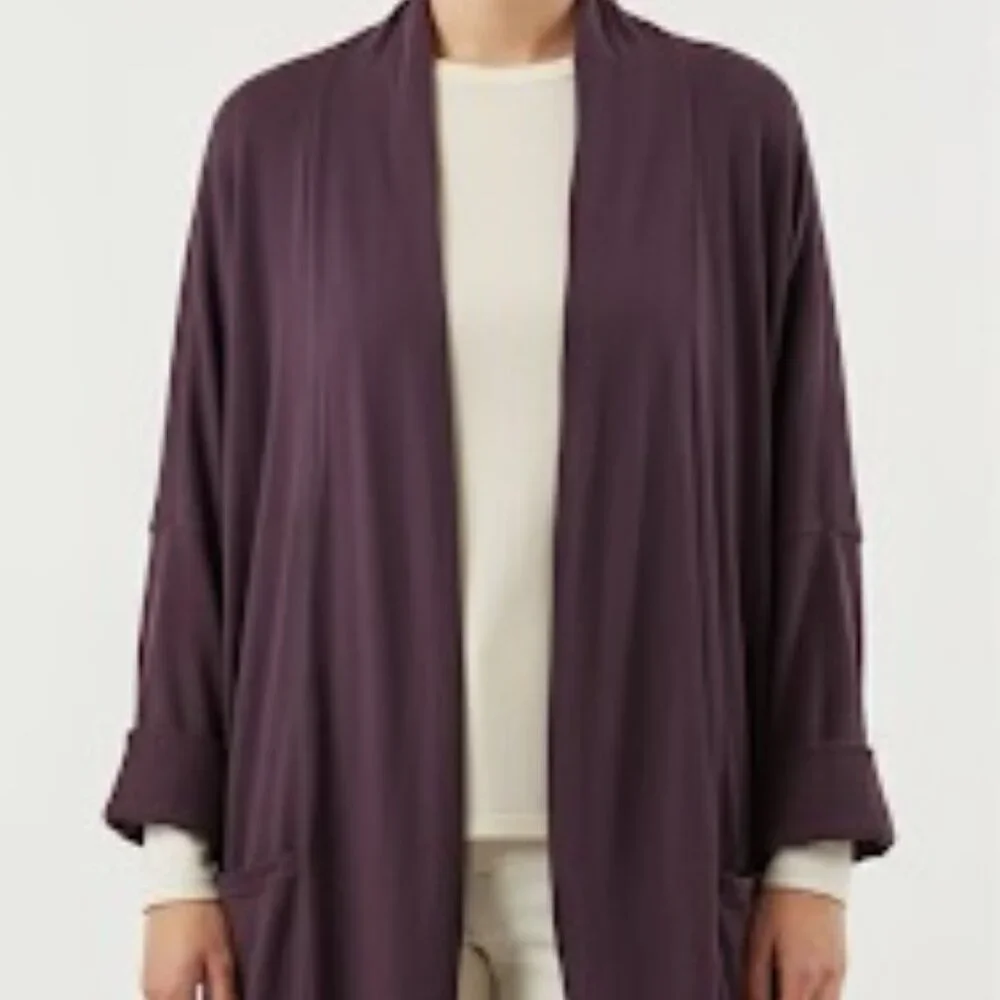 Pact Brooklyn Airplane Organic Cotton Open Front Cardigan Size XXL in Plum - Picture 4 of 5